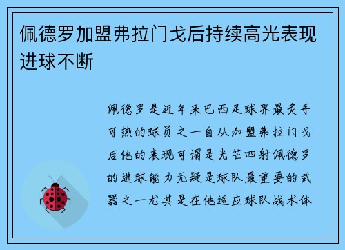佩德罗加盟弗拉门戈后持续高光表现进球不断